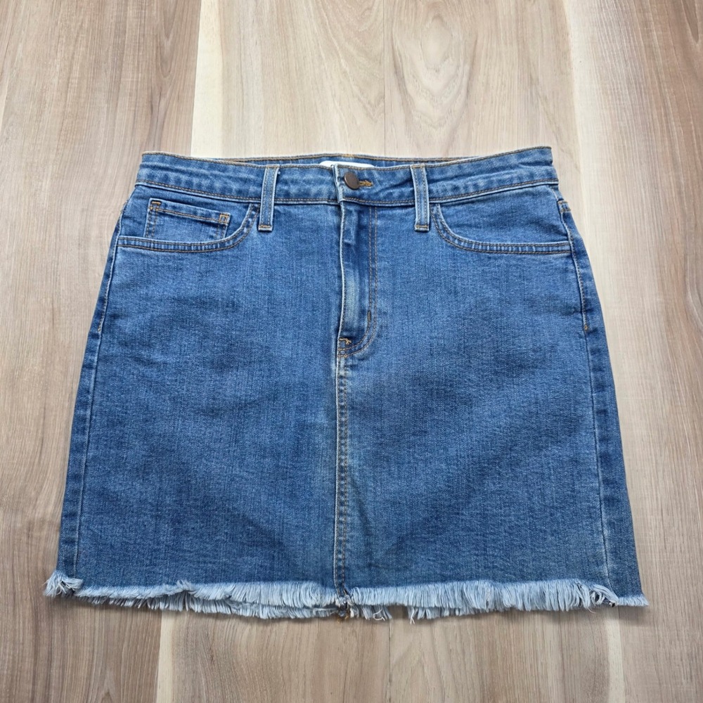 O2 Denim Mini‎ Skirt Raw Hem High Waisted Stretch Blue Jean Size M Made in USA